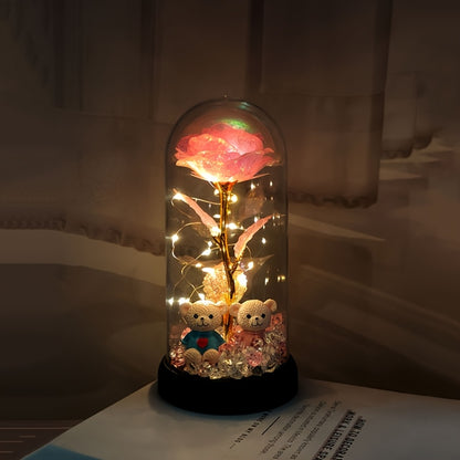 [Christmas Rose & Bear] Christmas Rose & Bear Diamond Crystal Plastic Flower Pot | Battery-Powered (AAA Not Included) | Holiday Gift, Valentine's Day, Mother's Day, Graduation Gifts, Home Decor, Eternal Floral Preserved Bouqu