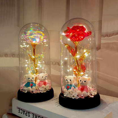 [Christmas Rose & Bear] Christmas Rose & Bear Diamond Crystal Plastic Flower Pot | Battery-Powered (AAA Not Included) | Holiday Gift, Valentine's Day, Mother's Day, Graduation Gifts, Home Decor, Eternal Floral Preserved Bouqu