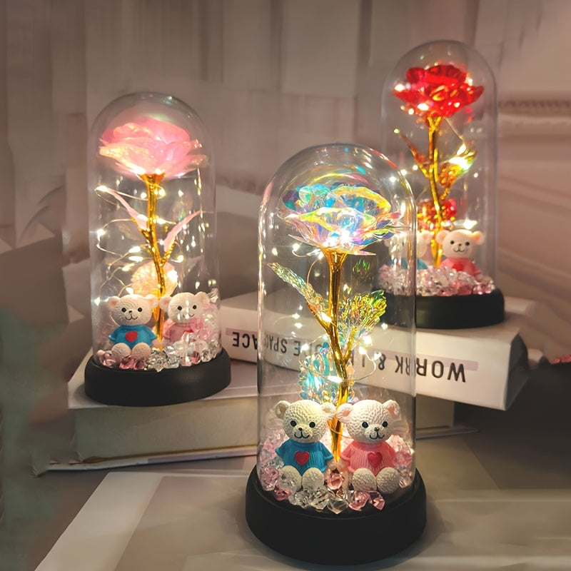 [Christmas Rose & Bear] Christmas Rose & Bear Diamond Crystal Plastic Flower Pot | Battery-Powered (AAA Not Included) | Holiday Gift, Valentine's Day, Mother's Day, Graduation Gifts, Home Decor, Eternal Floral Preserved Bouqu