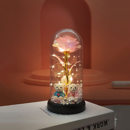 [Christmas Rose & Bear] Christmas Rose & Bear Diamond Crystal Plastic Flower Pot | Battery-Powered (AAA Not Included) | Holiday Gift, Valentine's Day, Mother's Day, Graduation Gifts, Home Decor, Eternal Floral Preserved Bouqu