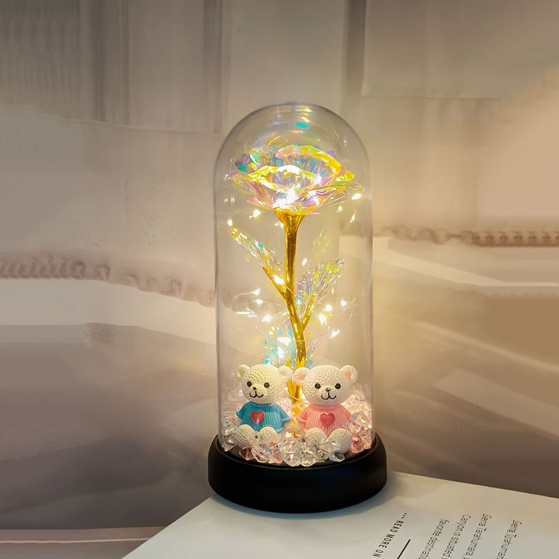 [Christmas Rose & Bear] Christmas Rose & Bear Diamond Crystal Plastic Flower Pot | Battery-Powered (AAA Not Included) | Holiday Gift, Valentine's Day, Mother's Day, Graduation Gifts, Home Decor, Eternal Floral Preserved Bouqu